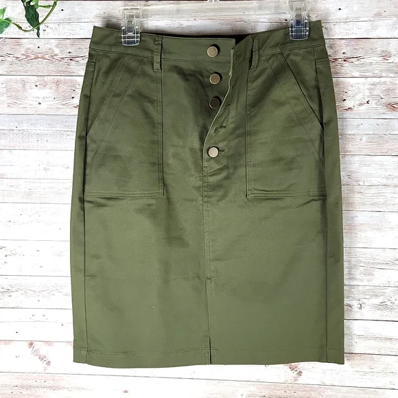 Loft, Olive Green, 0337, Women's straight mini skirt. Back split, SZ 4 - Picture 1 of 8